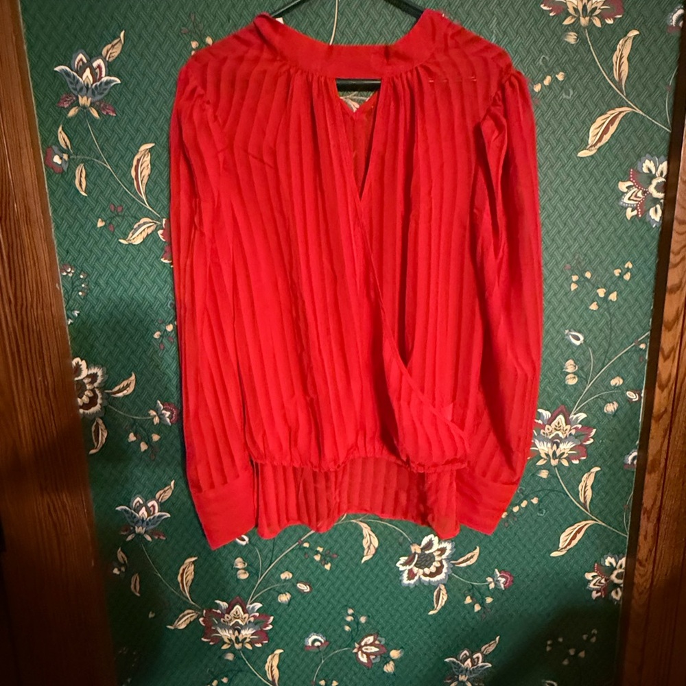 Bisou Bisou Red Pleated Long-Sleeve Blouse
